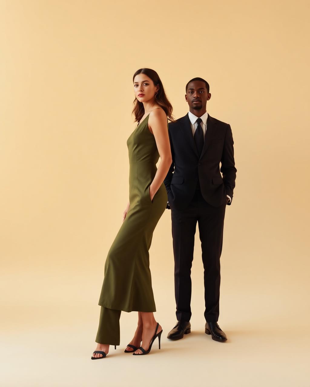 Olive midi dress and dark tailored suit